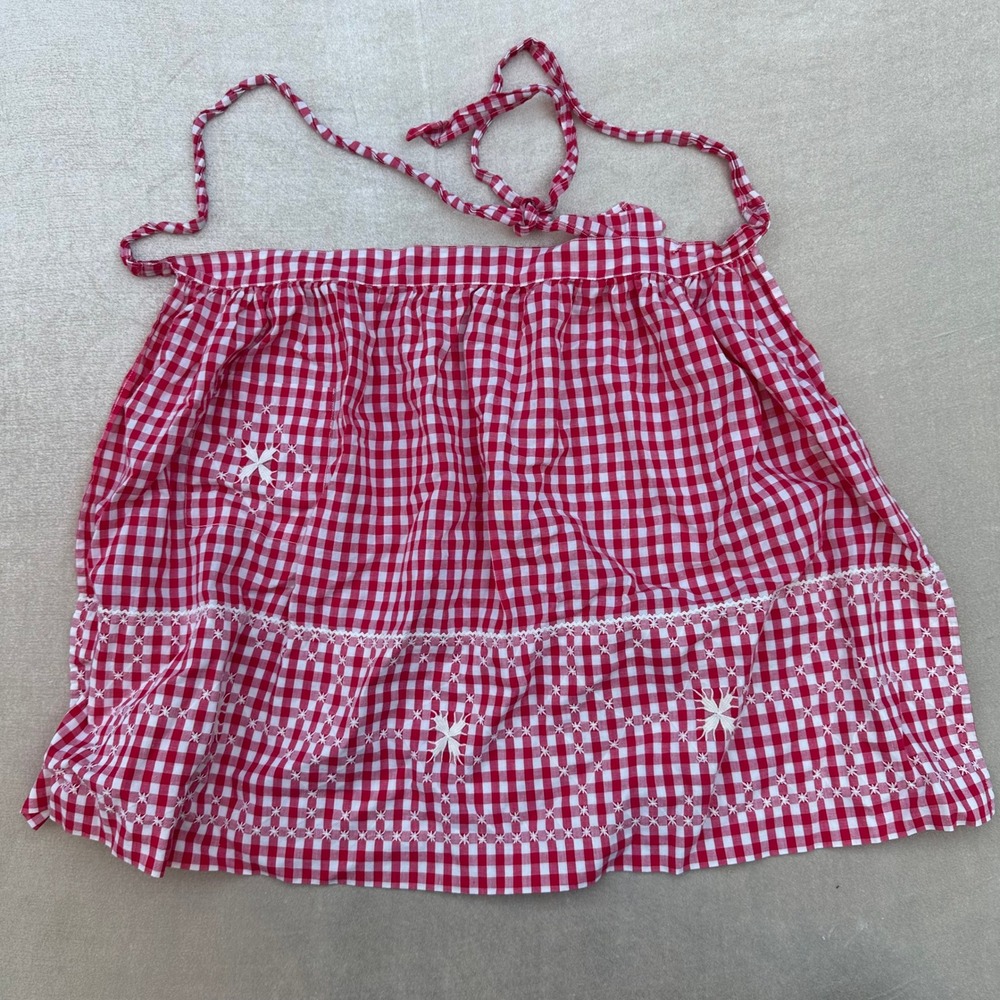 Vintage Handmade Gingham Half Apron Red White Embroidered Lace Cottage Kitchen